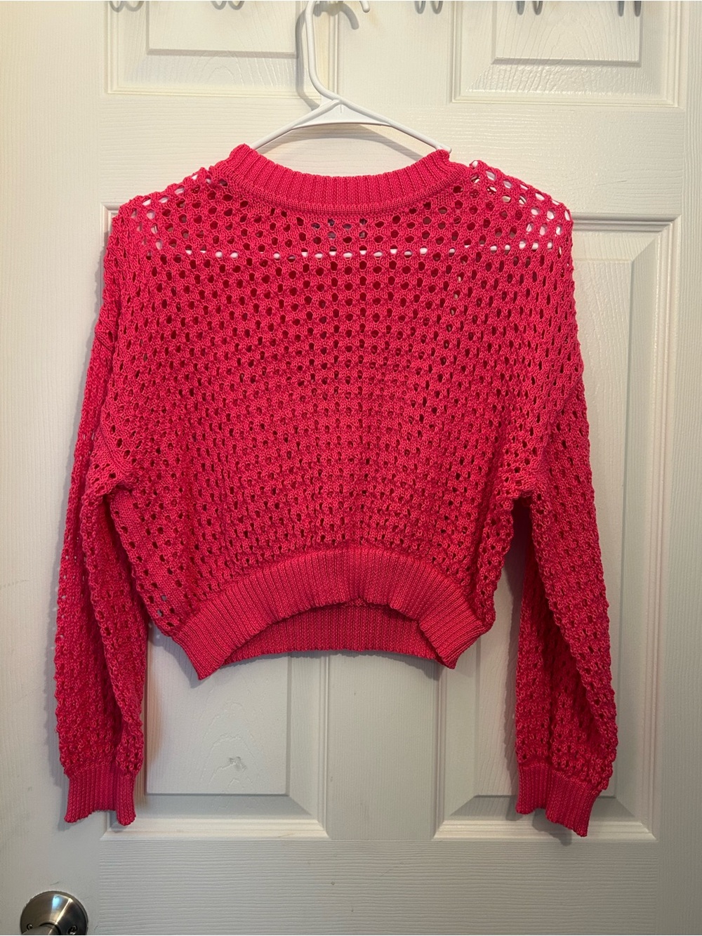 Poof! Bright Pink Cropped Open-Knit Crewneck Sweater